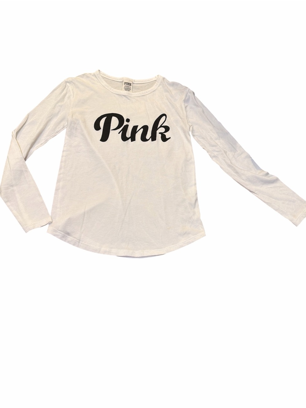 PINK Victoria's Secret White Crewneck Long Sleeve Tee with Black Logo Tag